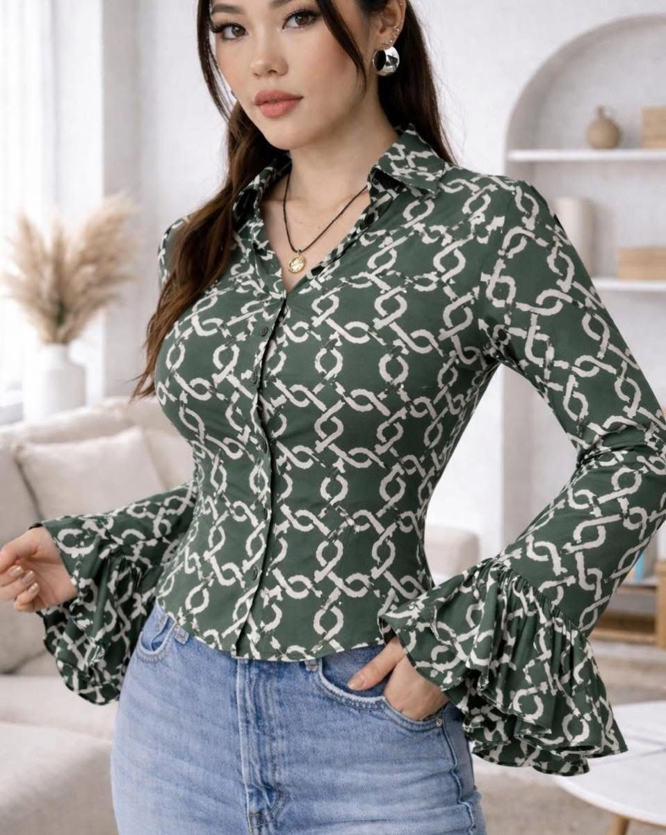 Printed picu flaresleeve  greenmuse top