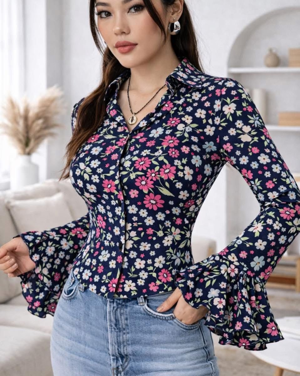 Printed picu flaresleeve flowergurden top