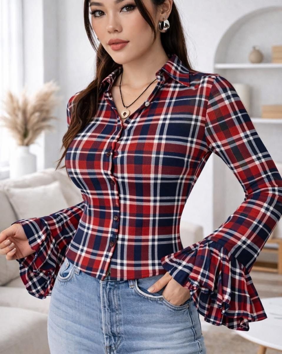 Printed picu flaresleeve checkstripes top