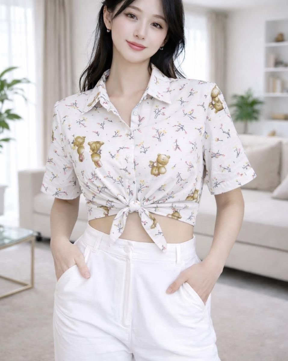 Korean chic knot shirt whiteteddy