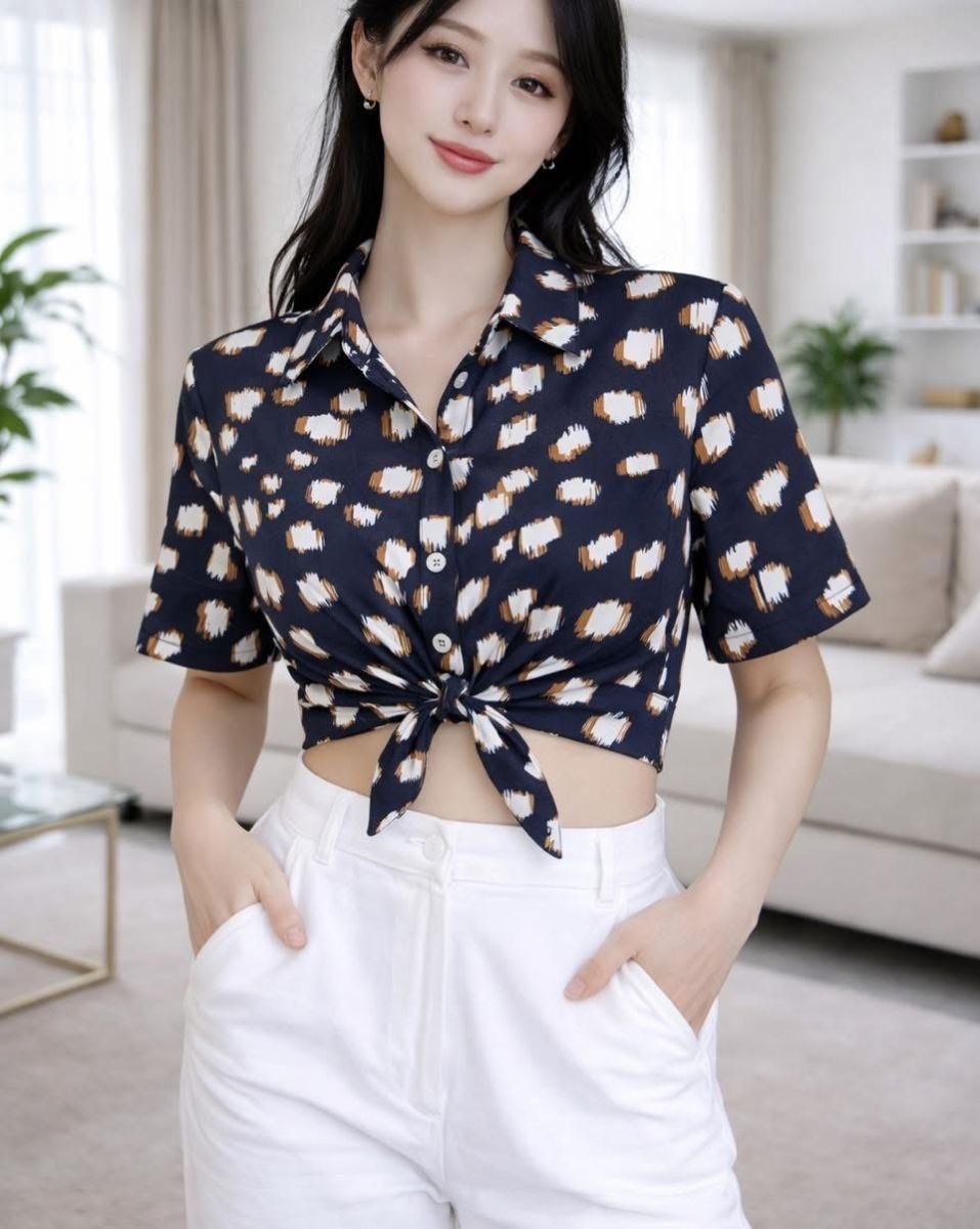 Korean chic knot shirt blue chittah