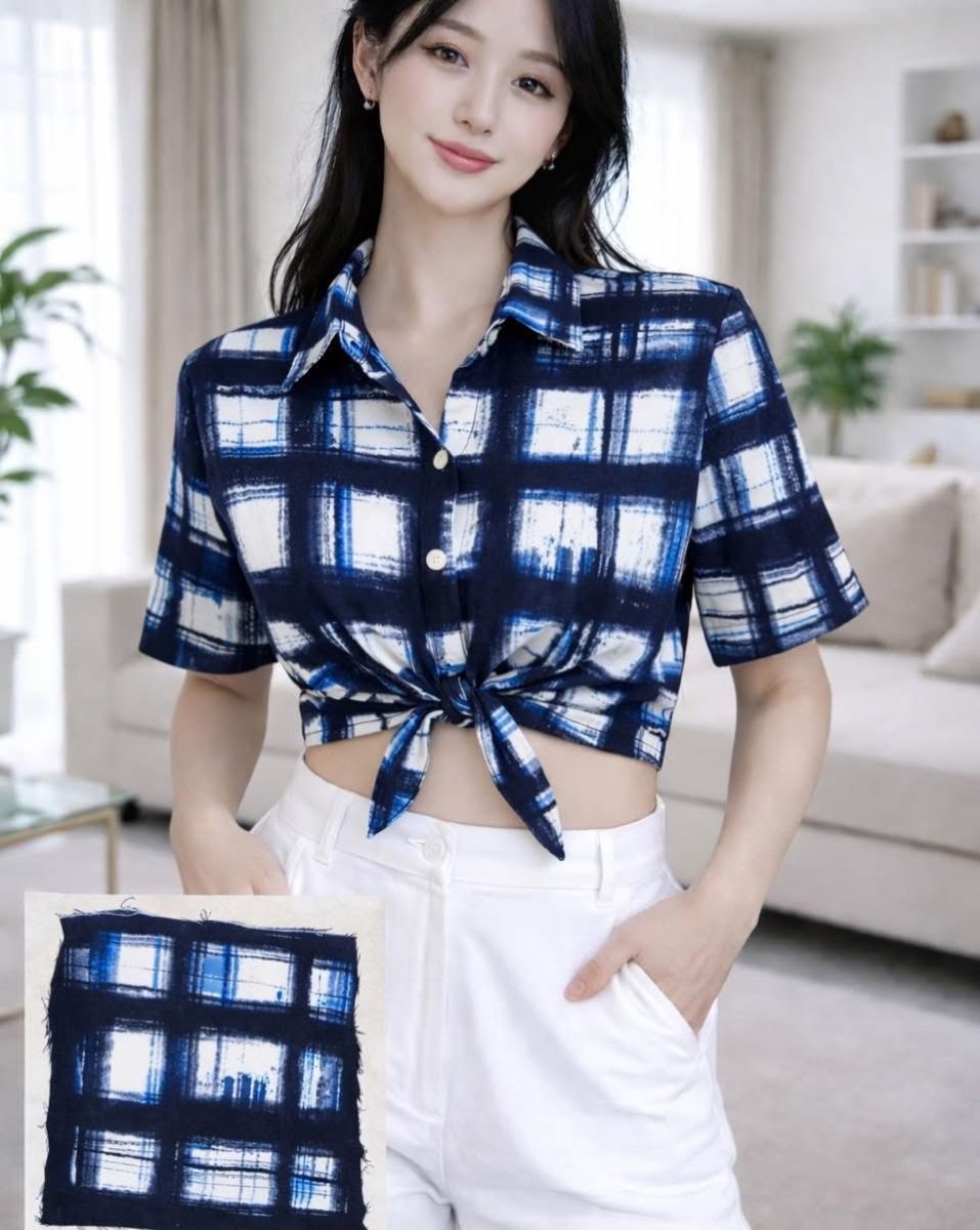 Korean chic knot shirt bluecheck