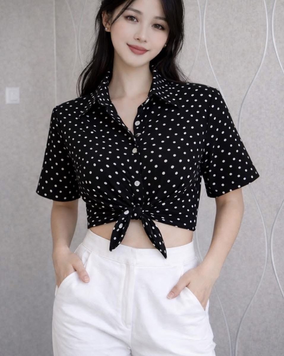 Korean chic knot shirt 90s dot