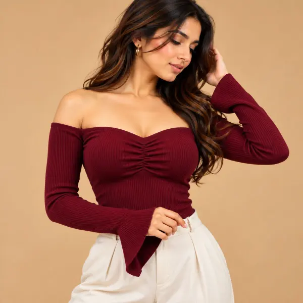 Ruched elastic offshlder top